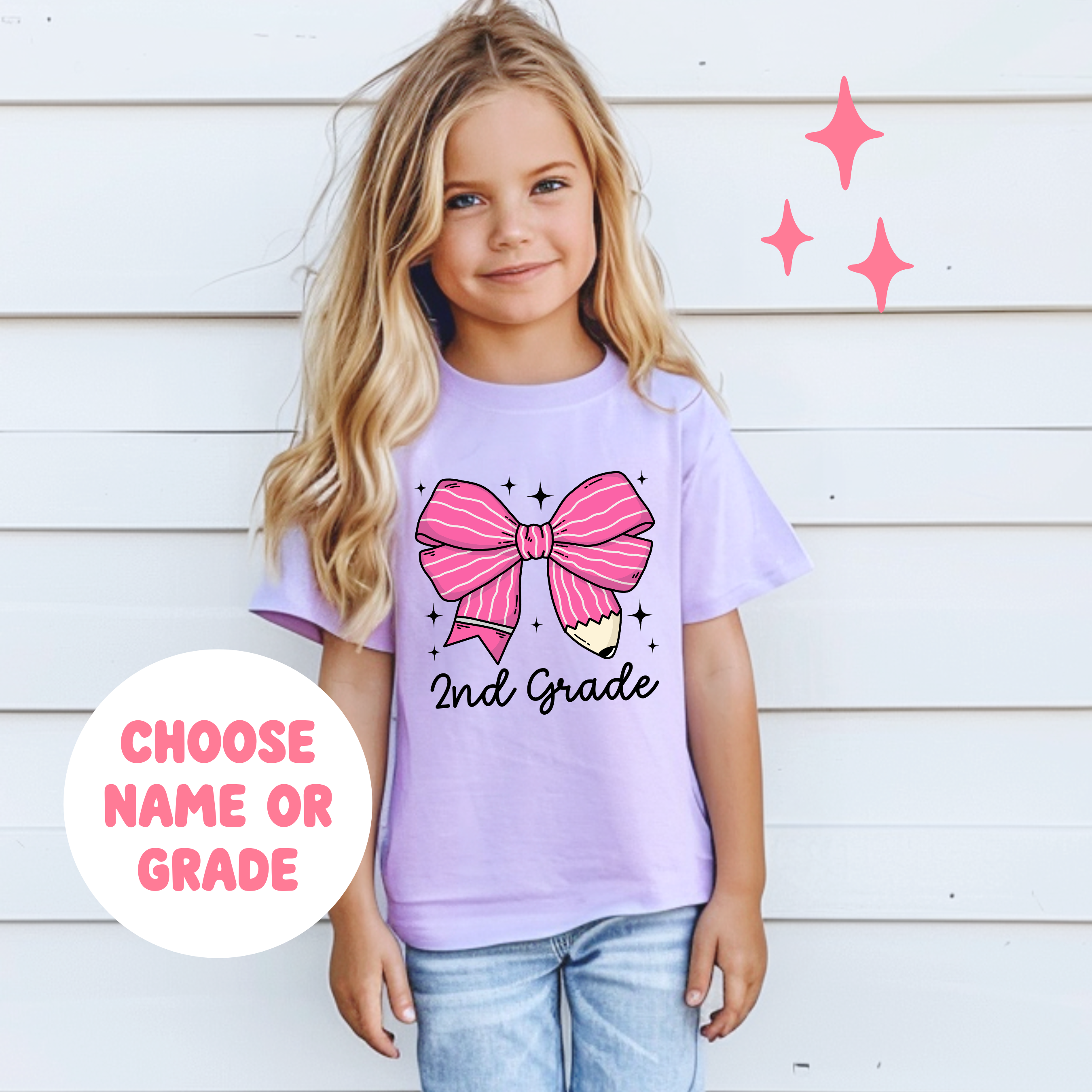 Personalized Back to School Pink Pencil Bow - Kids Short Sleeve Shirt