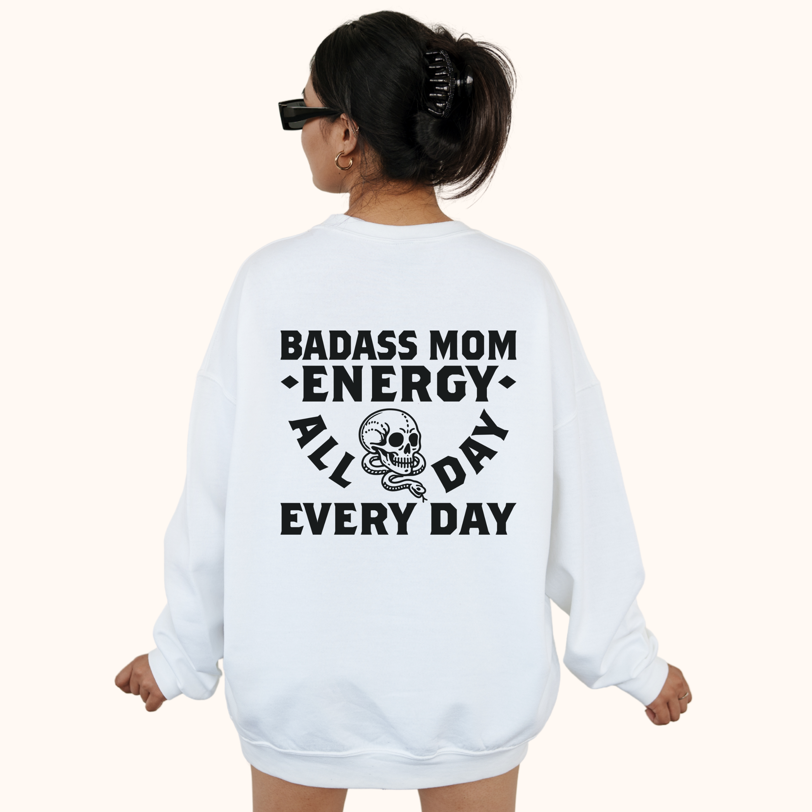Badass Mom Energy - Adult Crewneck Sweatshirt (White)