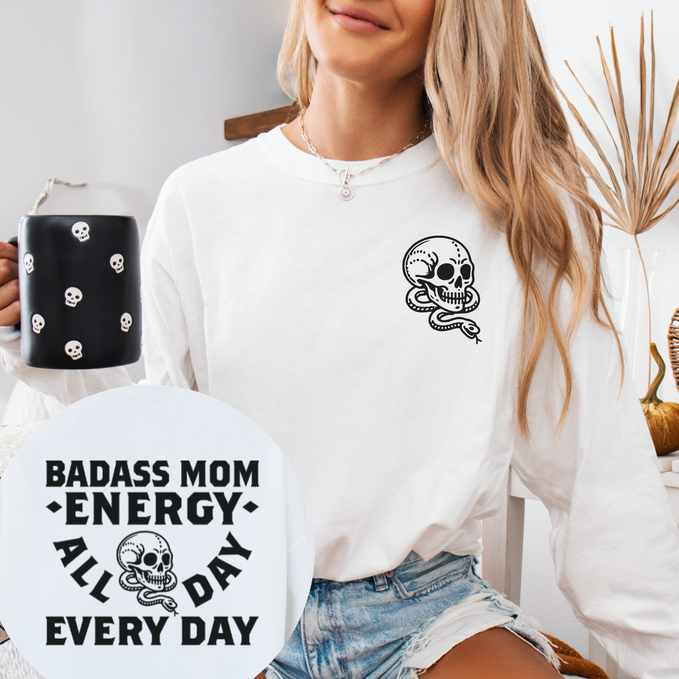 Badass Mom Energy - Adult Crewneck Sweatshirt (White)