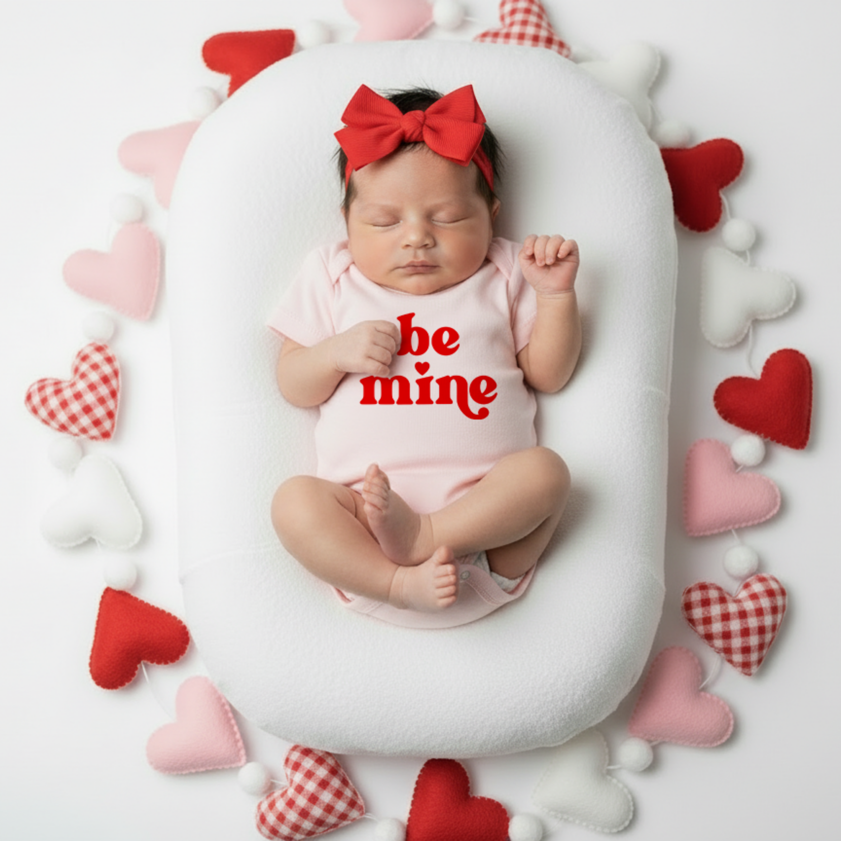 Newborn baby wearing a 'be mine' outfit surrounded by heart-shaped decorations