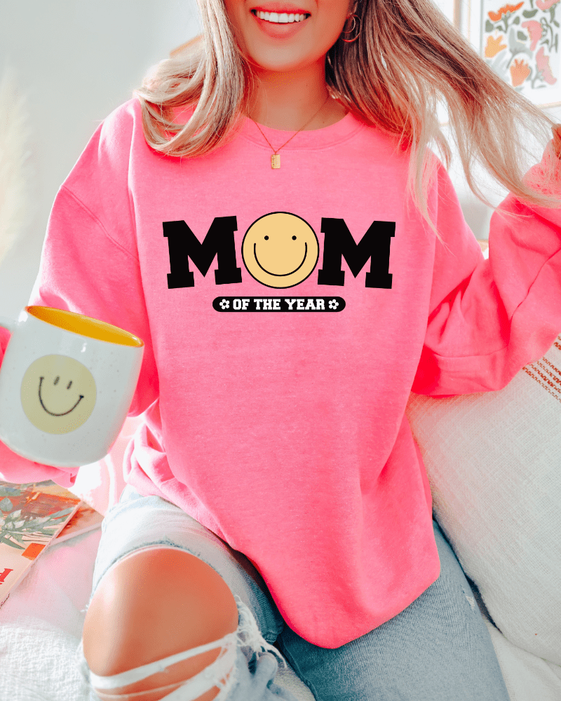 Mom Of The Year - Adult Crewneck Sweatshirt (Safety Pink) - Lily + AJ Clothing Co.